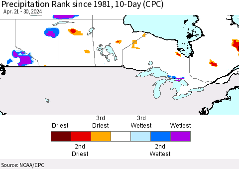 Canada Precipitation Rank since 1981, 10-Day (CPC) Thematic Map For 4/21/2024 - 4/30/2024