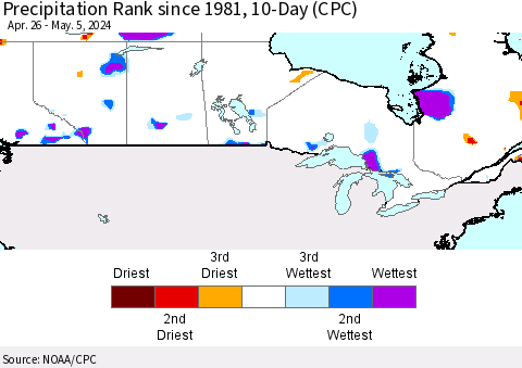 Canada Precipitation Rank since 1981, 10-Day (CPC) Thematic Map For 4/26/2024 - 5/5/2024