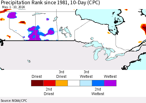 Canada Precipitation Rank since 1981, 10-Day (CPC) Thematic Map For 5/1/2024 - 5/10/2024