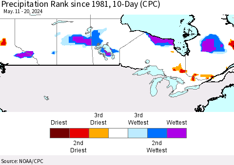 Canada Precipitation Rank since 1981, 10-Day (CPC) Thematic Map For 5/11/2024 - 5/20/2024