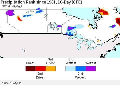 Canada Precipitation Rank since 1981, 10-Day (CPC) Thematic Map For 5/21/2024 - 5/31/2024