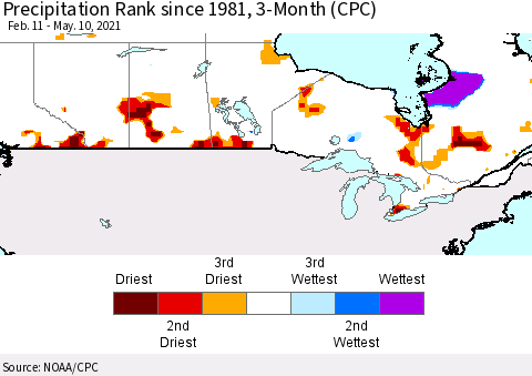 Canada Precipitation Rank since 1981, 3-Month (CPC) Thematic Map For 2/11/2021 - 5/10/2021