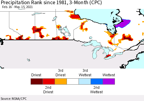 Canada Precipitation Rank since 1981, 3-Month (CPC) Thematic Map For 2/16/2021 - 5/15/2021