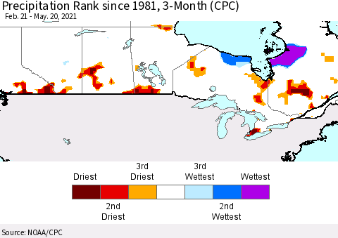Canada Precipitation Rank since 1981, 3-Month (CPC) Thematic Map For 2/21/2021 - 5/20/2021