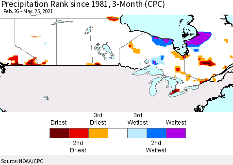 Canada Precipitation Rank since 1981, 3-Month (CPC) Thematic Map For 2/26/2021 - 5/25/2021