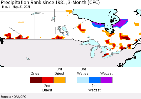 Canada Precipitation Rank since 1981, 3-Month (CPC) Thematic Map For 3/1/2021 - 5/31/2021