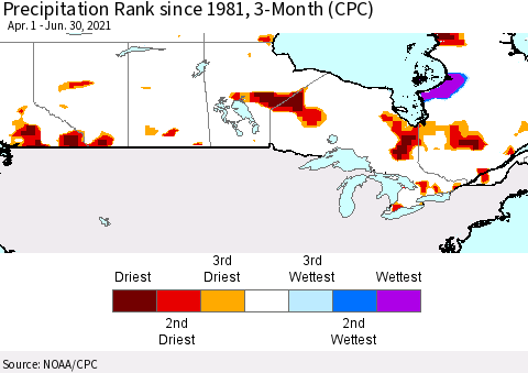 Canada Precipitation Rank since 1981, 3-Month (CPC) Thematic Map For 4/1/2021 - 6/30/2021