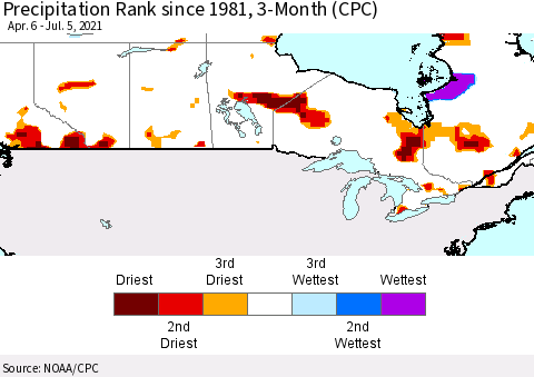 Canada Precipitation Rank since 1981, 3-Month (CPC) Thematic Map For 4/6/2021 - 7/5/2021