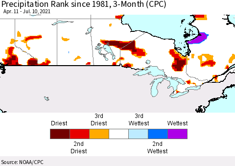 Canada Precipitation Rank since 1981, 3-Month (CPC) Thematic Map For 4/11/2021 - 7/10/2021