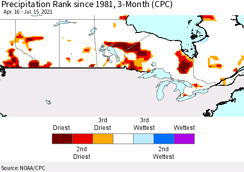 Canada Precipitation Rank since 1981, 3-Month (CPC) Thematic Map For 4/16/2021 - 7/15/2021