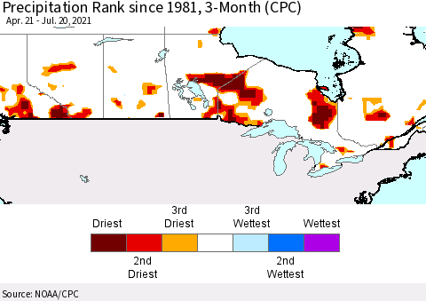 Canada Precipitation Rank since 1981, 3-Month (CPC) Thematic Map For 4/21/2021 - 7/20/2021