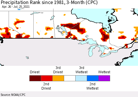 Canada Precipitation Rank since 1981, 3-Month (CPC) Thematic Map For 4/26/2021 - 7/25/2021