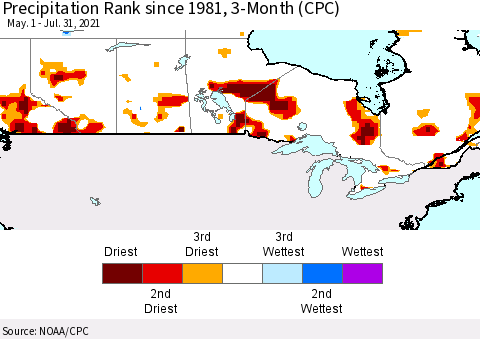 Canada Precipitation Rank since 1981, 3-Month (CPC) Thematic Map For 5/1/2021 - 7/31/2021