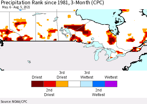 Canada Precipitation Rank since 1981, 3-Month (CPC) Thematic Map For 5/6/2021 - 8/5/2021