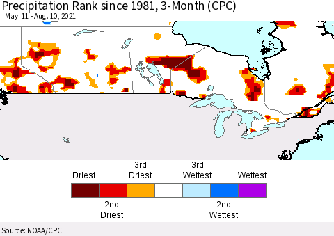 Canada Precipitation Rank since 1981, 3-Month (CPC) Thematic Map For 5/11/2021 - 8/10/2021