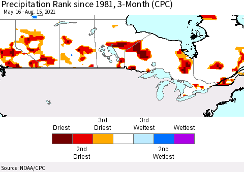 Canada Precipitation Rank since 1981, 3-Month (CPC) Thematic Map For 5/16/2021 - 8/15/2021