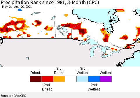 Canada Precipitation Rank since 1981, 3-Month (CPC) Thematic Map For 5/21/2021 - 8/20/2021