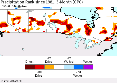 Canada Precipitation Rank since 1981, 3-Month (CPC) Thematic Map For 5/26/2021 - 8/25/2021