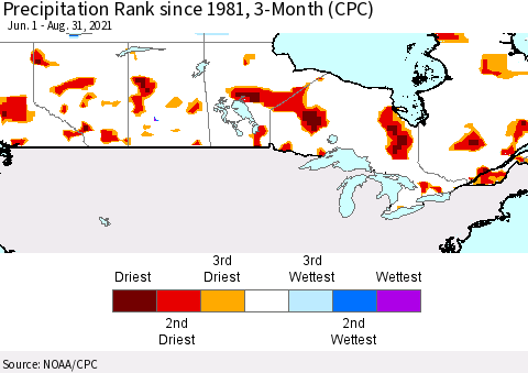 Canada Precipitation Rank since 1981, 3-Month (CPC) Thematic Map For 6/1/2021 - 8/31/2021