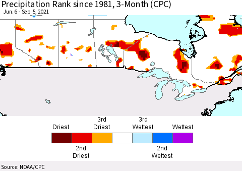 Canada Precipitation Rank since 1981, 3-Month (CPC) Thematic Map For 6/6/2021 - 9/5/2021