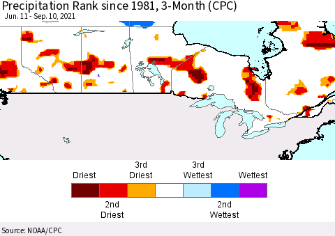 Canada Precipitation Rank since 1981, 3-Month (CPC) Thematic Map For 6/11/2021 - 9/10/2021