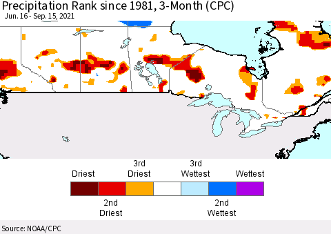 Canada Precipitation Rank since 1981, 3-Month (CPC) Thematic Map For 6/16/2021 - 9/15/2021