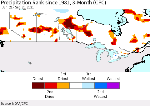Canada Precipitation Rank since 1981, 3-Month (CPC) Thematic Map For 6/21/2021 - 9/20/2021