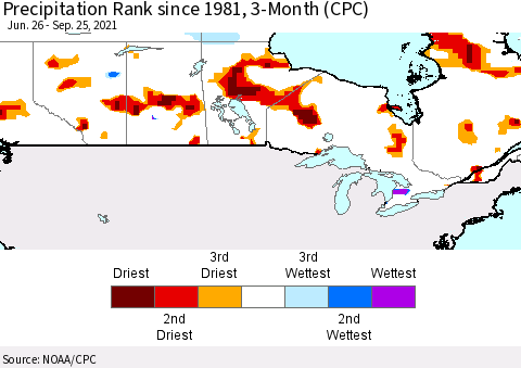 Canada Precipitation Rank since 1981, 3-Month (CPC) Thematic Map For 6/26/2021 - 9/25/2021