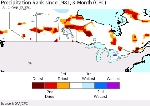 Canada Precipitation Rank since 1981, 3-Month (CPC) Thematic Map For 7/1/2021 - 9/30/2021