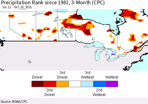 Canada Precipitation Rank since 1981, 3-Month (CPC) Thematic Map For 7/11/2021 - 10/10/2021