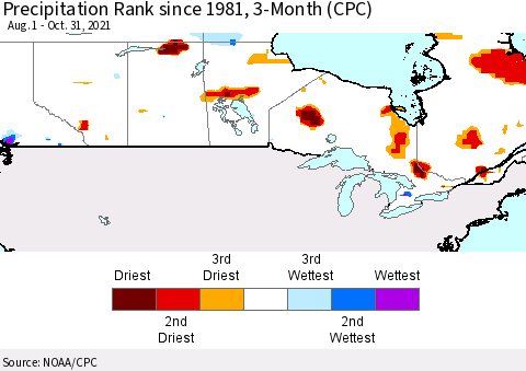 Canada Precipitation Rank since 1981, 3-Month (CPC) Thematic Map For 8/1/2021 - 10/31/2021