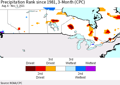 Canada Precipitation Rank since 1981, 3-Month (CPC) Thematic Map For 8/6/2021 - 11/5/2021