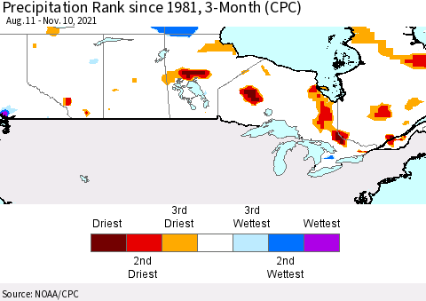 Canada Precipitation Rank since 1981, 3-Month (CPC) Thematic Map For 8/11/2021 - 11/10/2021