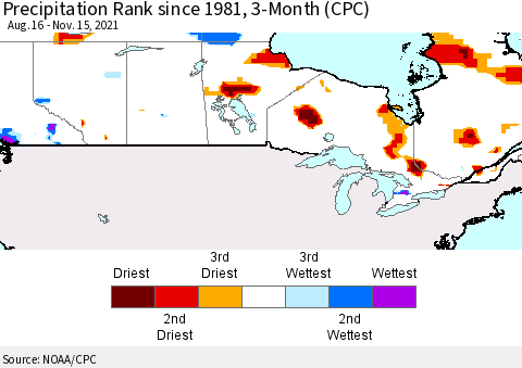 Canada Precipitation Rank since 1981, 3-Month (CPC) Thematic Map For 8/16/2021 - 11/15/2021