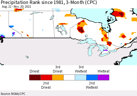 Canada Precipitation Rank since 1981, 3-Month (CPC) Thematic Map For 8/21/2021 - 11/20/2021