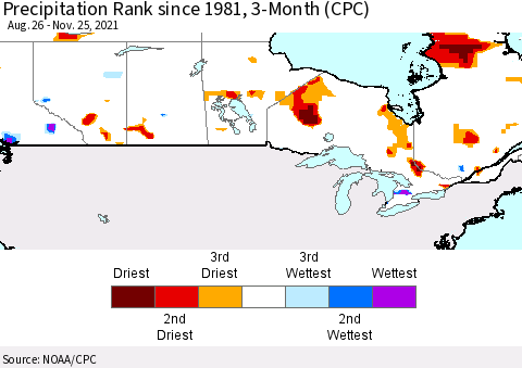 Canada Precipitation Rank since 1981, 3-Month (CPC) Thematic Map For 8/26/2021 - 11/25/2021