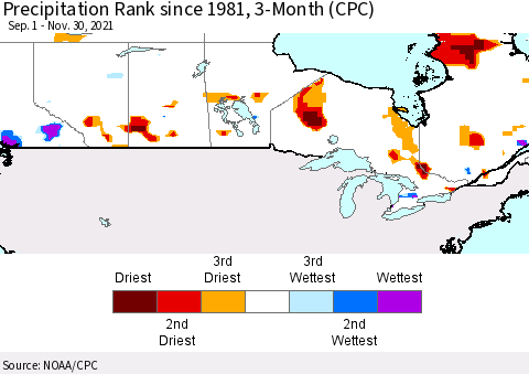 Canada Precipitation Rank since 1981, 3-Month (CPC) Thematic Map For 9/1/2021 - 11/30/2021
