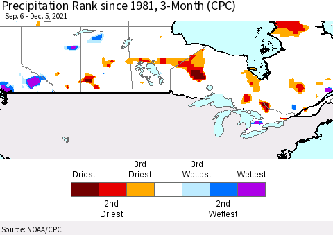 Canada Precipitation Rank since 1981, 3-Month (CPC) Thematic Map For 9/6/2021 - 12/5/2021