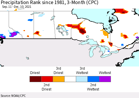Canada Precipitation Rank since 1981, 3-Month (CPC) Thematic Map For 9/11/2021 - 12/10/2021