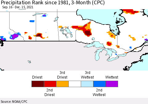 Canada Precipitation Rank since 1981, 3-Month (CPC) Thematic Map For 9/16/2021 - 12/15/2021