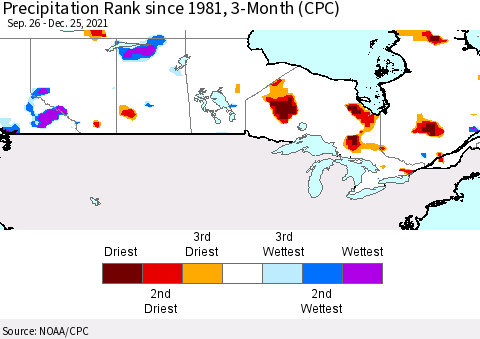 Canada Precipitation Rank since 1981, 3-Month (CPC) Thematic Map For 9/26/2021 - 12/25/2021