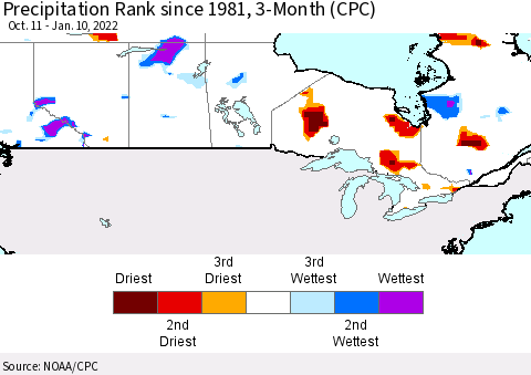 Canada Precipitation Rank since 1981, 3-Month (CPC) Thematic Map For 10/11/2021 - 1/10/2022