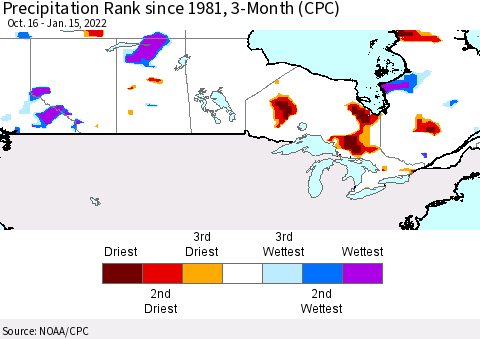 Canada Precipitation Rank since 1981, 3-Month (CPC) Thematic Map For 10/16/2021 - 1/15/2022