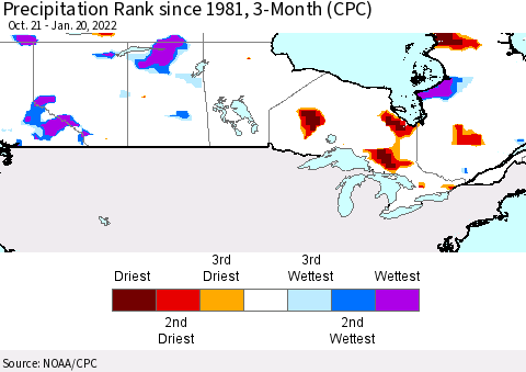 Canada Precipitation Rank since 1981, 3-Month (CPC) Thematic Map For 10/21/2021 - 1/20/2022