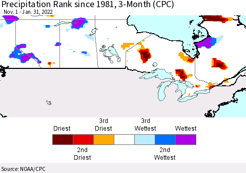 Canada Precipitation Rank since 1981, 3-Month (CPC) Thematic Map For 11/1/2021 - 1/31/2022