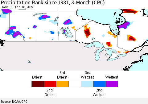 Canada Precipitation Rank since 1981, 3-Month (CPC) Thematic Map For 11/11/2021 - 2/10/2022