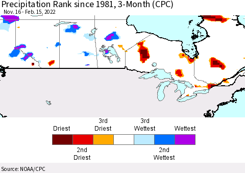Canada Precipitation Rank since 1981, 3-Month (CPC) Thematic Map For 11/16/2021 - 2/15/2022