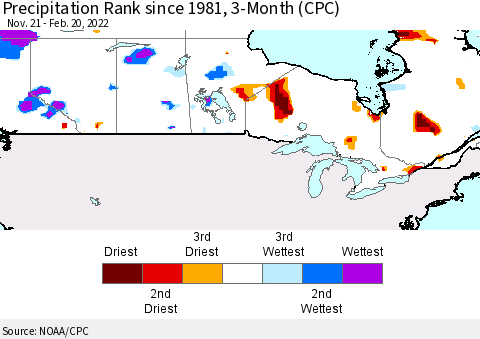 Canada Precipitation Rank since 1981, 3-Month (CPC) Thematic Map For 11/21/2021 - 2/20/2022