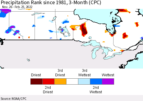 Canada Precipitation Rank since 1981, 3-Month (CPC) Thematic Map For 11/26/2021 - 2/25/2022