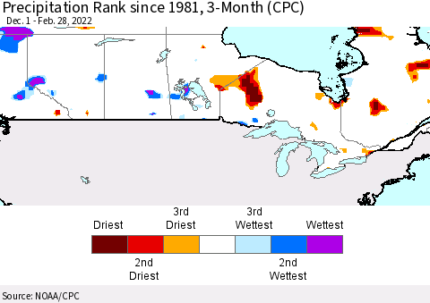 Canada Precipitation Rank since 1981, 3-Month (CPC) Thematic Map For 12/1/2021 - 2/28/2022